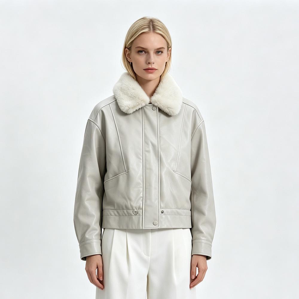 Minimalist autumn and winter wear with plush collar short fur integrated coat women's daily commuter leather jacket jacket