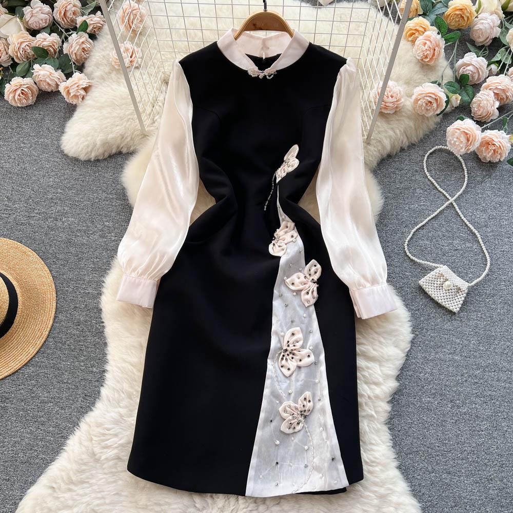 Spring Autumn Celebrity Vintage Cheongsam Pencil Dress Women's New Fashion Long Sleeve Mesh Patchwork Elegant Beading Bow Party Dresses