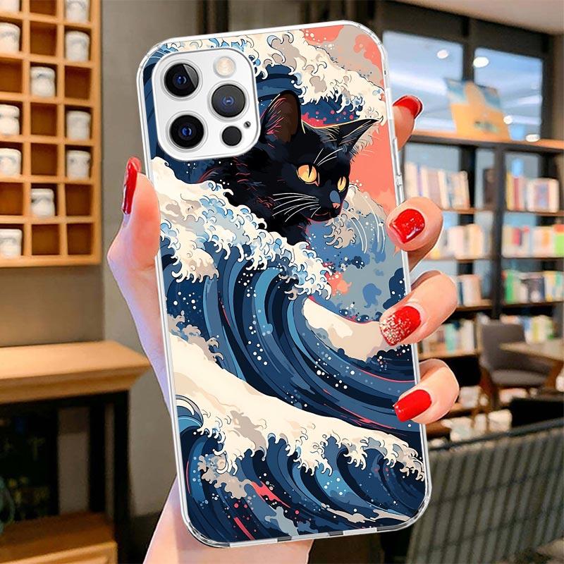 Аниме Кот Морская Волна Эстетичный Чехол для Телефона Для iPhone 16 17 Air 15 14 Pro Max 16E Чехол для Телефона 13 Mini 12 11 7 SE 8 Печать Patte