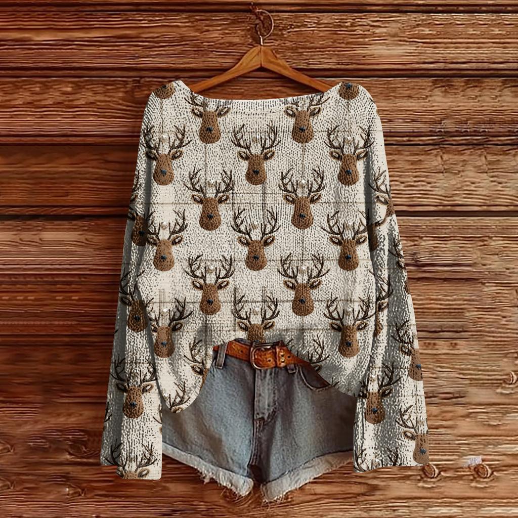 Women's Christmas Print Lightweight Sweater Casual Long Sleeve Knitted Pullover