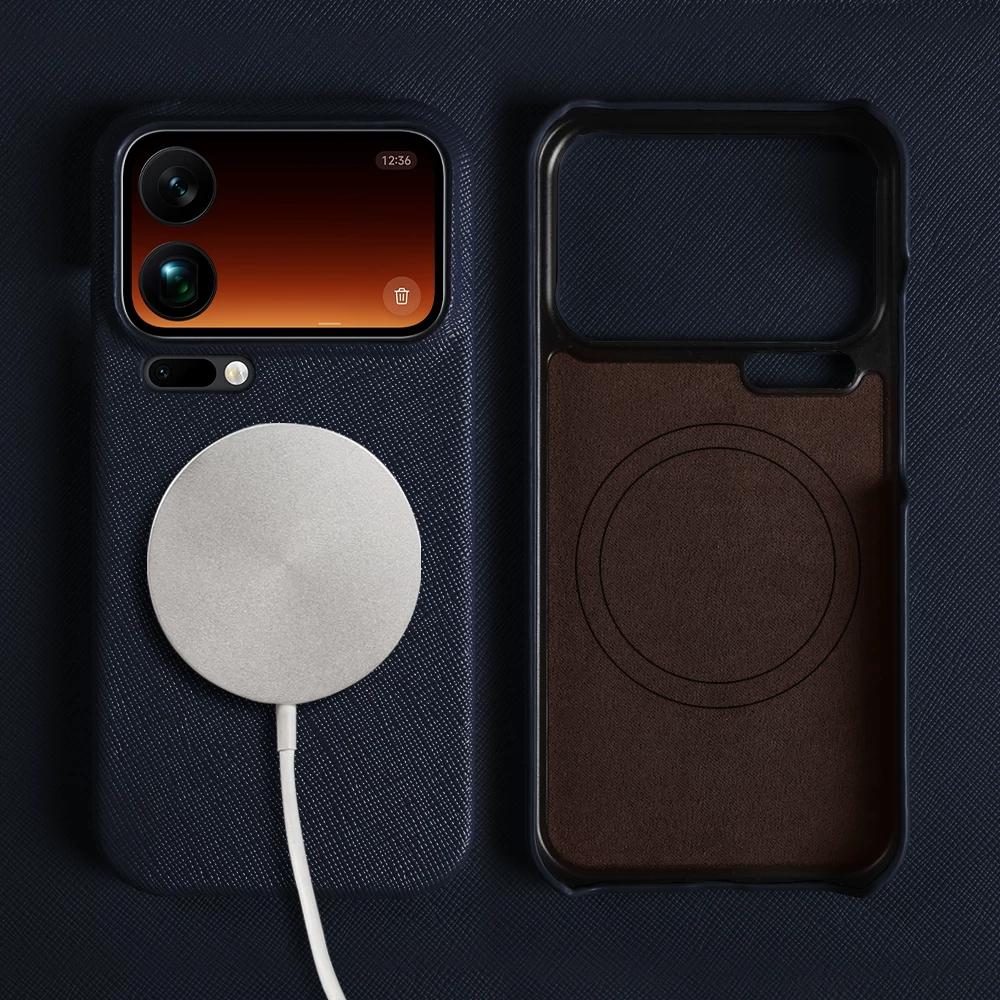 Luxury Cross Grain Genuine Leather Phone Case for Xiaomi 17 Pro Max 17T 15 Ultra 15 Pro 14T Pro Magnetic Shockproof Half Wrap