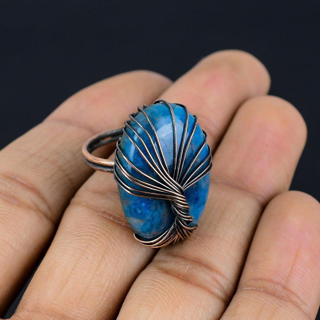 Tree of Life Neon Blue Apatite Gemstone Copper Wire Wrapped Handmade Jewelry Ring For Gift