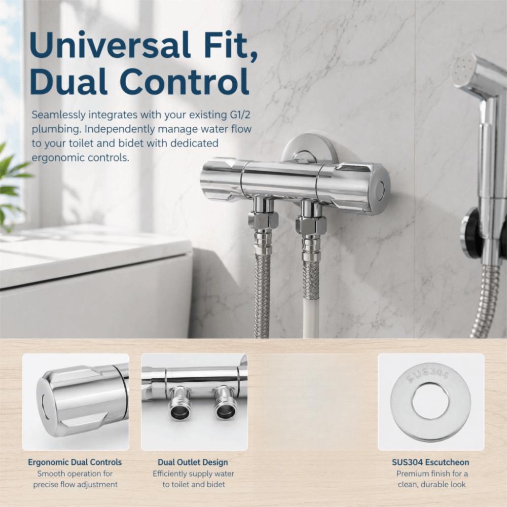 G1/2 Thread Angle Stop Valve Silver Double Outlet Shut Off Valve Bathroom Fixtures