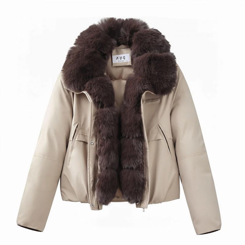 Womens Short Puffer Coat Winter Faux Fox Fur Trim Loose Parka Thick Warm Cotton Jacket