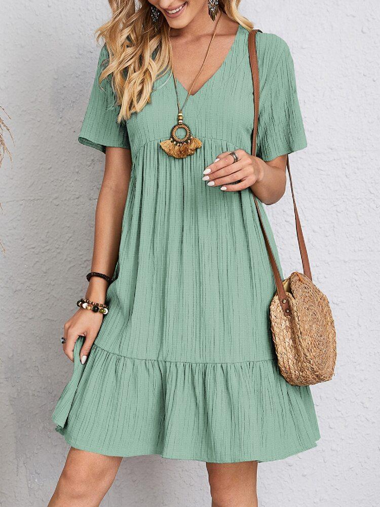 Women Vintage Mini Dresses 2023 Summer Solid Casual V Neck Ruffles Dress Ladies Boho Loose Beach Party Elegant Dresses