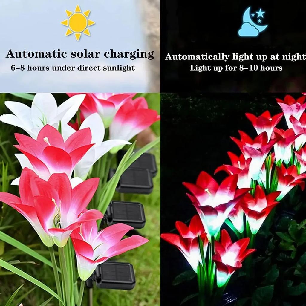 Solar Powered Lily Flower Garden Lights Waterproof LED Outdoor Decorative Pathway Lamps for Yard Lawn Wedding Holiday Decor