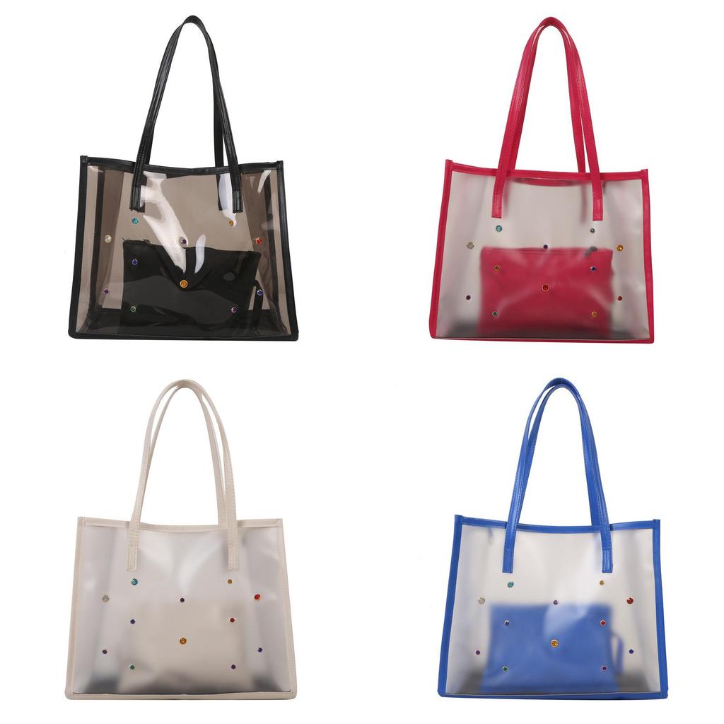 Large Capacity Pvc Shoulder Bag For Women With Inner Pouch And Metal Rivets