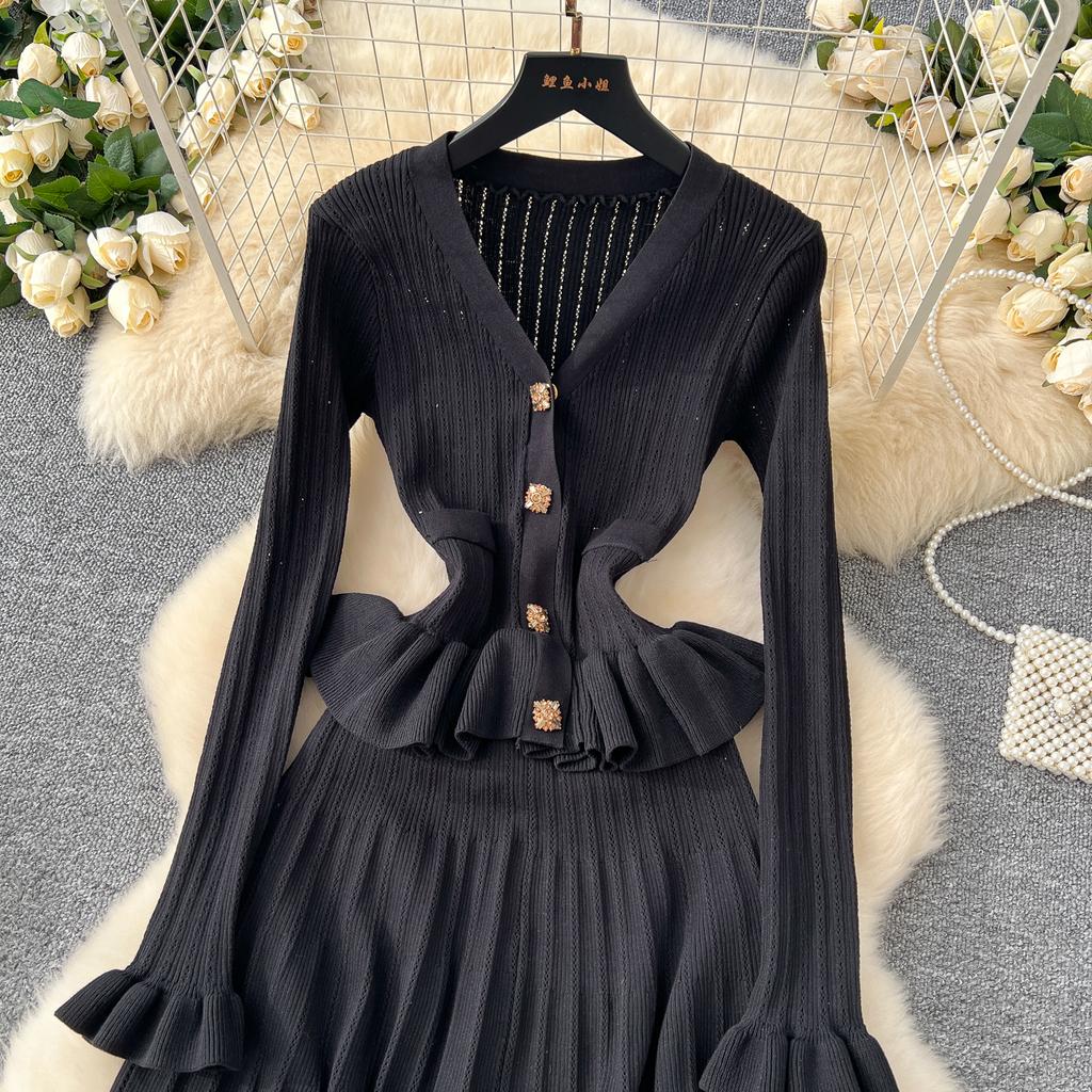 Элегантные вязанные винтажные шикарные платья с V-образным вырезом и длинными рукавами, облегающие платья для офисных леди во французском стиле, одежда для улицы, осень-зима