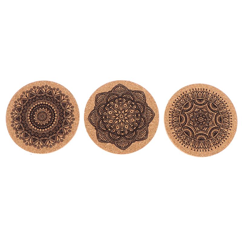 12Pcs Mandala Design Round Shape Wooden Coasters With Rack Round Cork Coaster
