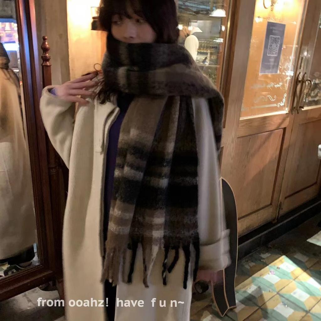 Winter Thickened Mohair Scarf for Women Rainbow Plaid Tassel Shawl Student Versatile Warm Scarf Trendy and Warm