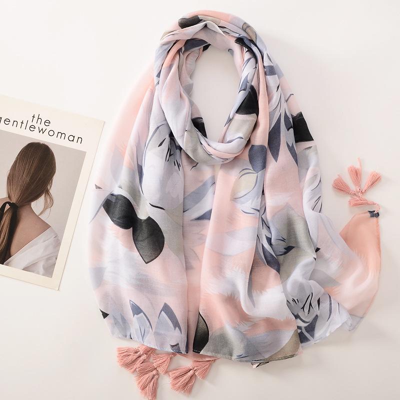 Beige Coffee Scarf Luxury Thin Womens Scarves Spring Floral Hijab Veils Soft Cotton Shawl Wrap Tassel Viscose Muslim Woman Hijab