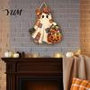 Outdoor Porch Decor Halloween Cute Bow Ghost Door Sign, Wooden Patchwork Hanging Plaque with Pumpkin Candy Basket, Party Background Retro Wall Pendant