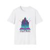 Unisex Softstyle T-Shirt Cyberpunk Neon Holographic Cityscape Book Design