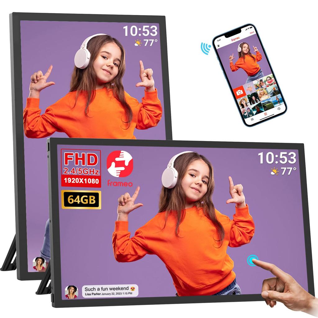 64GB FRAMEO inch digital photo frame compatible touch panel 1920x1080 IPS FHD wide viewing angle photo music video transfer remote slideshow free app