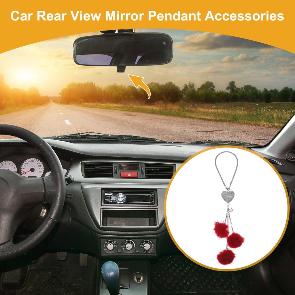 Partuto 1pcs Artificial Crystal Peach Heart Mink Hair Car Rear View Mirror Pendant Accessories Car Hanging Ornament Red