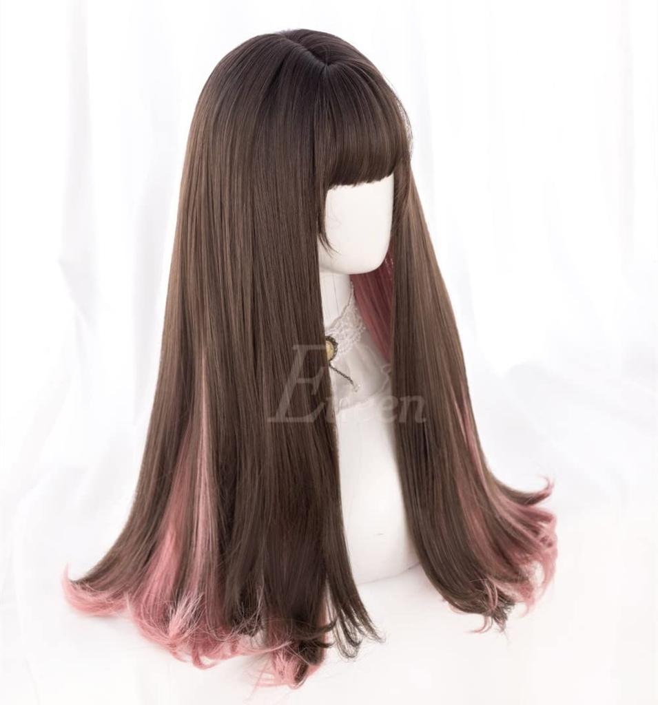Full Cool Brown X Pink Wig Wig Straight Natural Harajuku Style Popular Small Face Effect Cute with Net Semi-long Women's