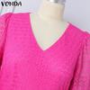 VONDA Women Plus Size V-Neck Bubble Long Sleeve Lace Dresses