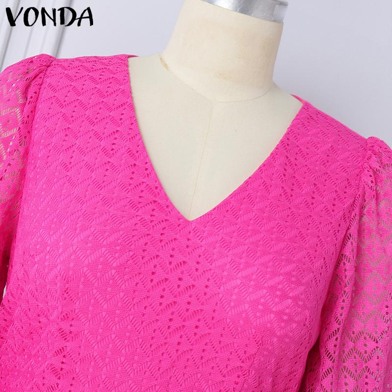 VONDA Women Plus Size V-Neck Bubble Long Sleeve Lace Dresses