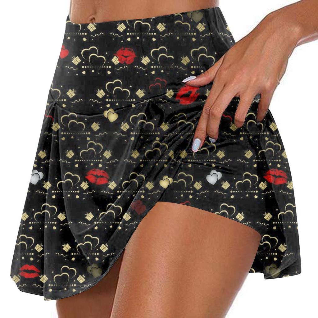 Женские спортивные эластичные плиссированные теннисные юбки с принтом ко Дню святого Валентина, внутренние шорты для занятий йогой, эластичные спортивные шорты для гольфа