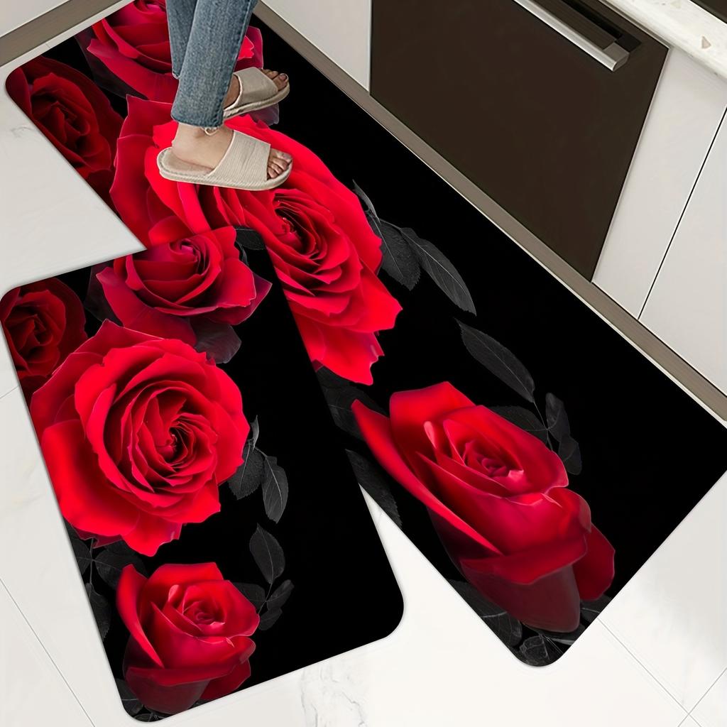 Красивый напольный коврик для кухни с красной розой — нескользящий, маслостойкий, водонепроницаемый, можно стирать в машине и водопоглощающий