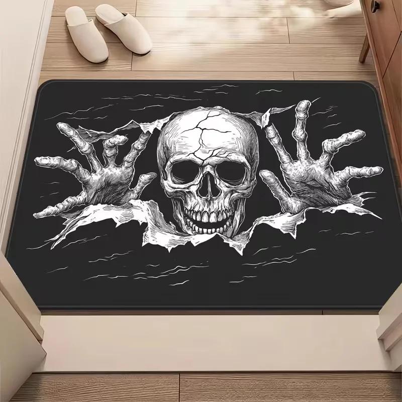 Black Background Torn Paper Skeleton Zombie Hands Doormat Gothic Horror Print Non Slip Mat for Entryway Bedroom