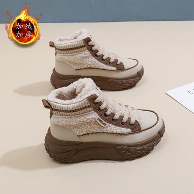 Флисовые высокие повседневные туфли для женщин, зимняя новинка 2024 года, студенческие туфли в корейском стиле, теплые повседневные туфли из хлопка на платформе K6720