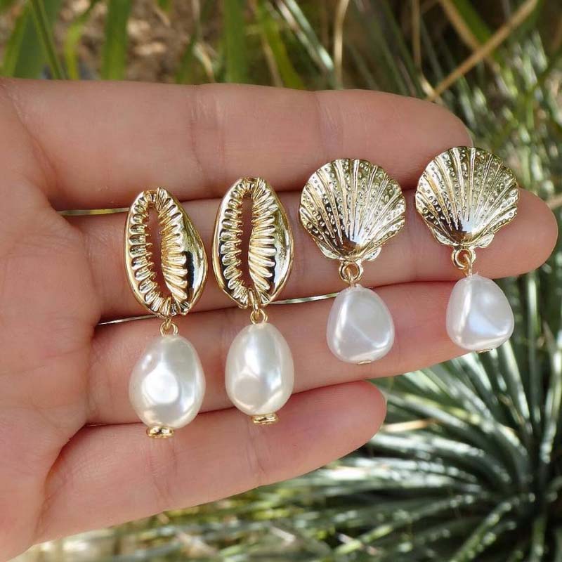 Bohemian Starfish Shell Pendant Earrings for Women Vintage Gold Color Star Pearl Tassel Earrings Beach Holiday Zircon Gifts