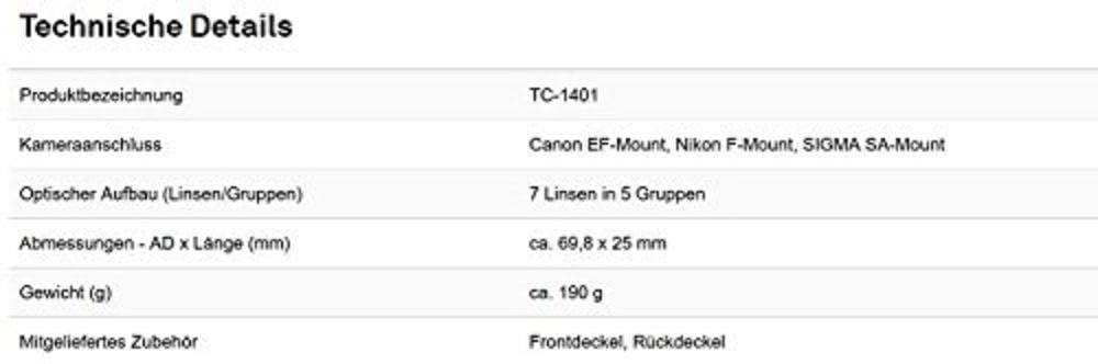 Sigma Teleconverter for Nikon TC-1401 (Product Code 879556)