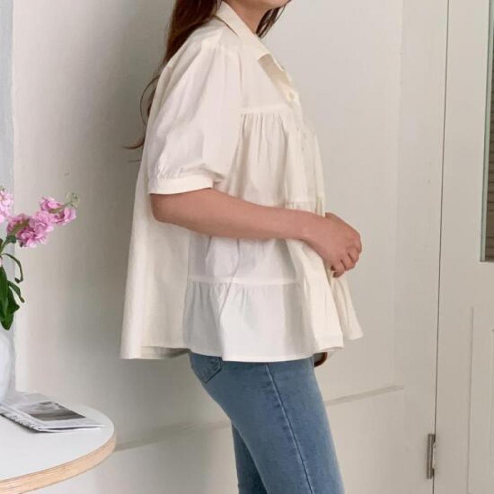 New Arrivals Open Run Women Pleated Detail Short Sleeve Collar Blouse