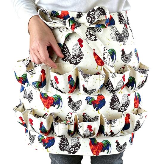 Canvas Apron with Multi-Pockets Egg Gathering Apron for Farm Home Adjustable Waist Fun Rooster Print Utility Apron for Gardening Cooking
