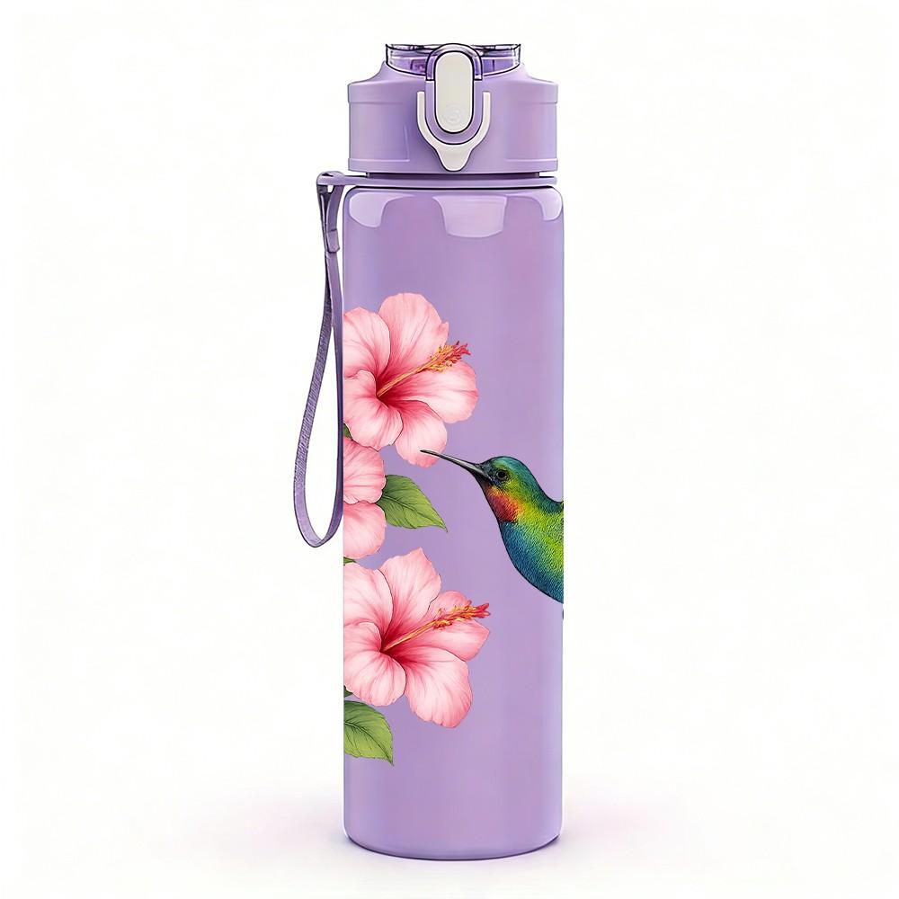 1PC Hummingbird Pink Cherry Blossom 750ml Color Plastic Sports Water Bottle Leakproof Flip Straw Lid For Sports Office Home Use