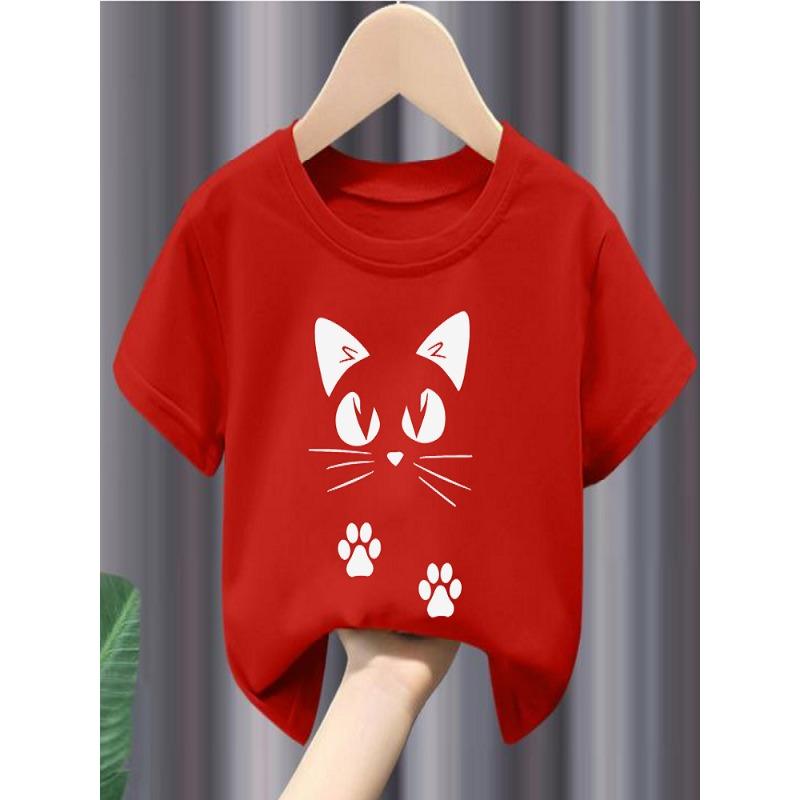 Новая черная и белая летняя детская футболка с мультяшным принтом кошки, с одеждой для детей, для мальчиков и девочек