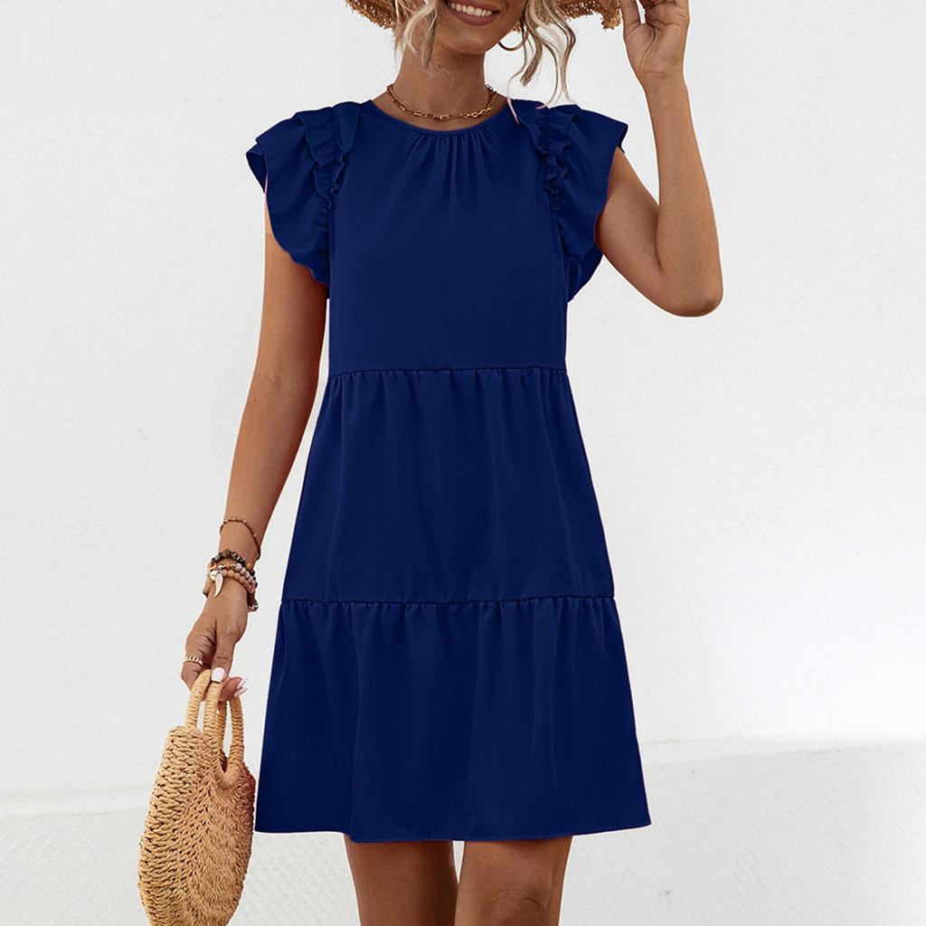 Женское повседневное модное сексуальное универсальное элегантное однотонное платье с круглым вырезом