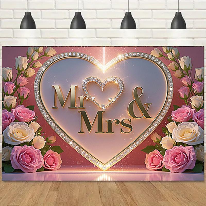 Фон «Мистер и миссис» с розами и блестками для романтической свадьбы, помолвки, декора вечеринки — универсальный фон для фотографий, для помещений и улицы