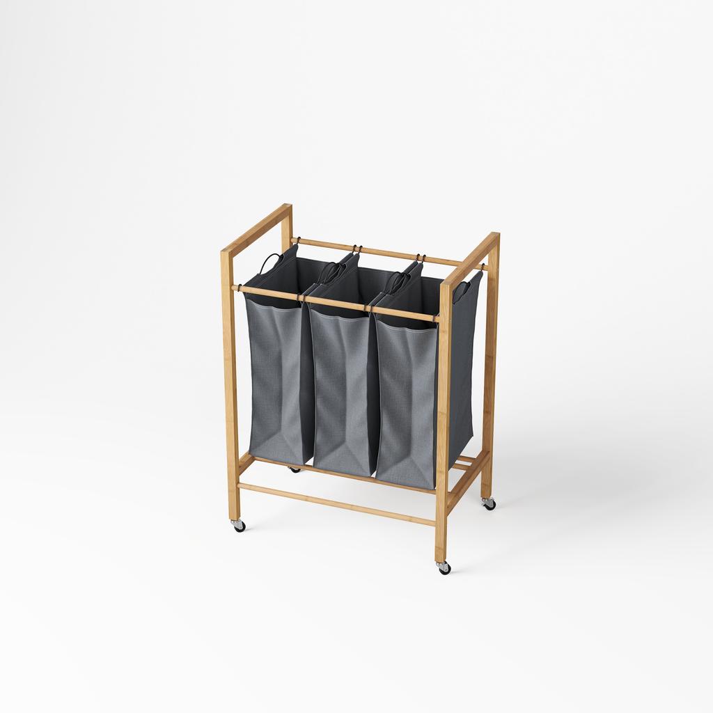 Bamboo Laundry Basket, 3 Compartments, Laundry Bag, Removable, Laundry Bins with Wheels, 3 x 30 L. Mobile, Portable