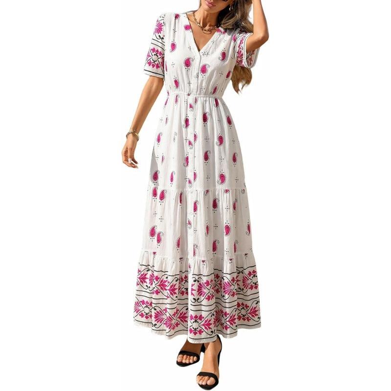 European and American bohemian short-sleeved dress women's summer new fashion V-neck elegant beach skirt