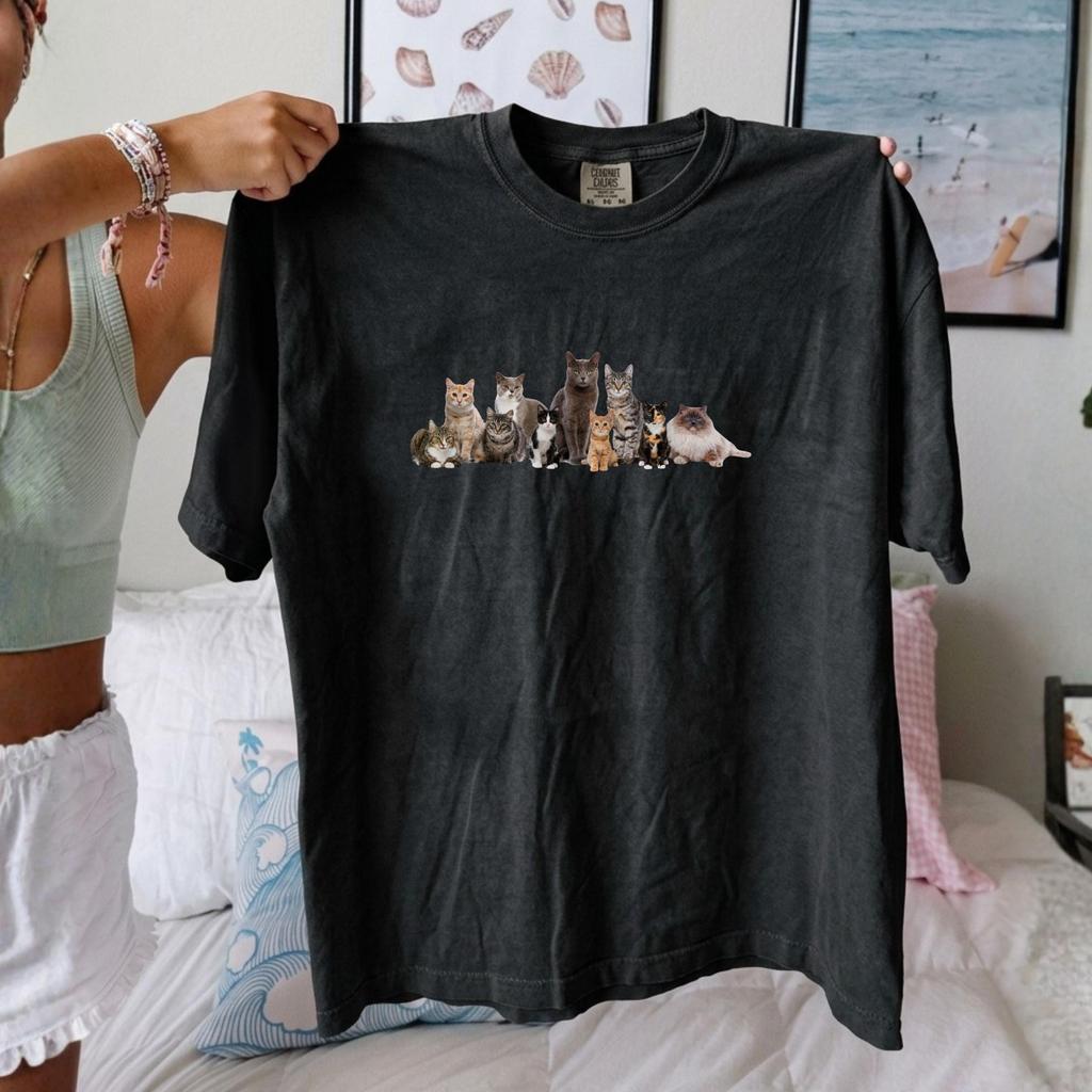 Acid Washed Vintage Cat Group Graphic Men Women T Shirt Cute Kitten Oversized Unisex Short Sle