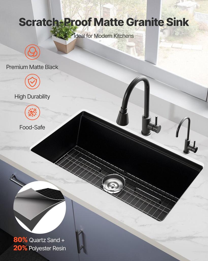 84 cm Granite Kitchen Sink Undermount Single Bowl Drop-In Basin for RV Bar