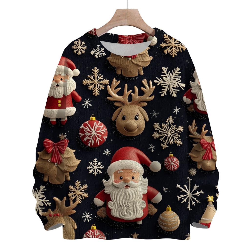 Women's Fashion Round Neck Casual Long Sleeve Christmas Cute Printed Woolen Knit Top