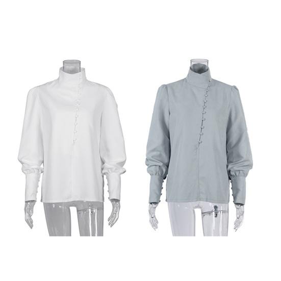Women Shirt Long Sleeve Stand-Up Collar Regular Fit Casual Shirt Buttons Half Placket Pure Color Office Lady