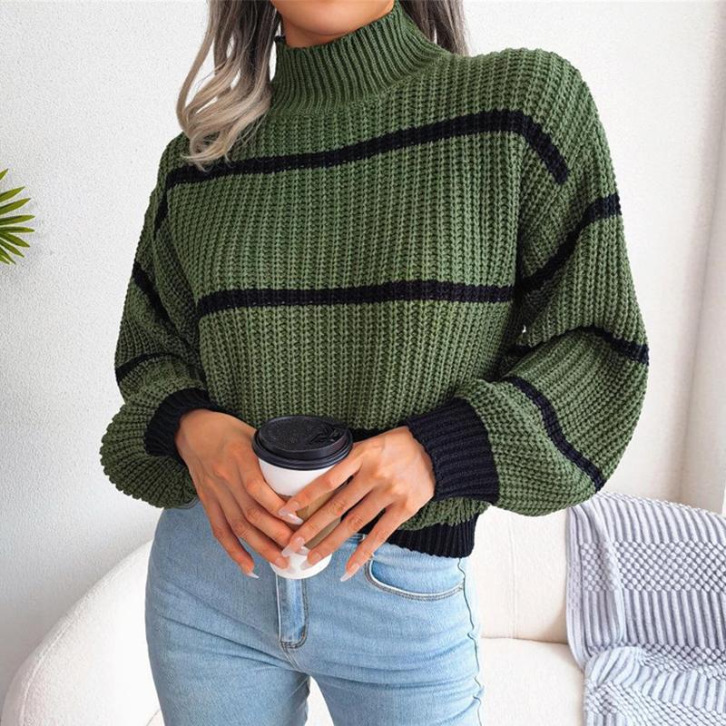 Повседневный полосатый свитер, женский свободный вязаный топ с рукавами-фонариками, полуводолазка