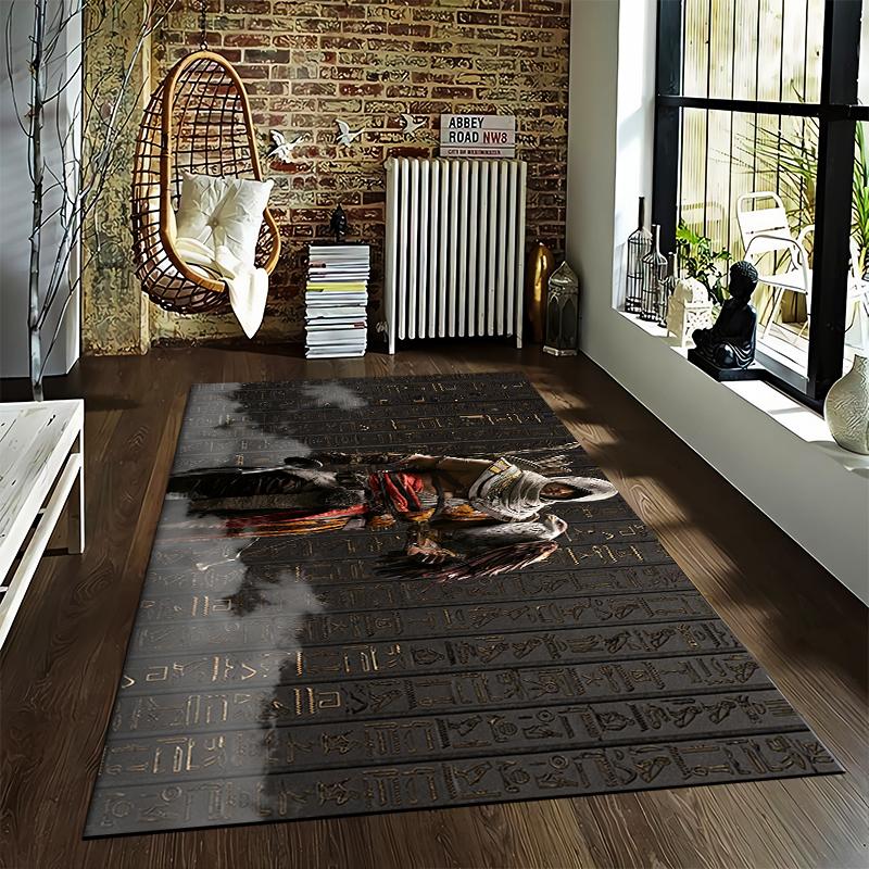 Egyptian Style Rug with Mysterious Warrior and Eagle Design Suitable for use as an anti-slip game mat for living room and bedroom sofas
