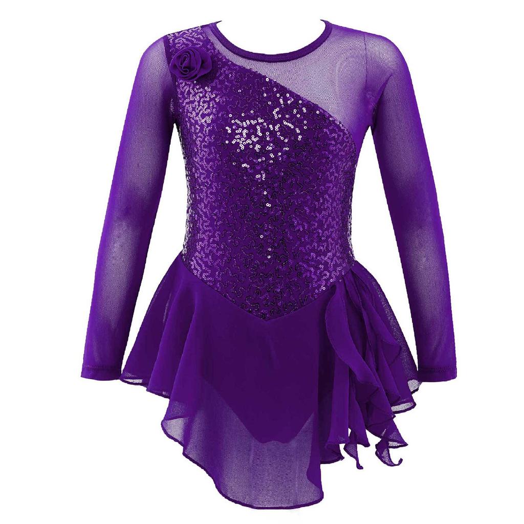 Girls Long Sleeve Mesh Patchwork Style Irregular Sequins Decor Dress Skating Dance Gymnastic Dress
