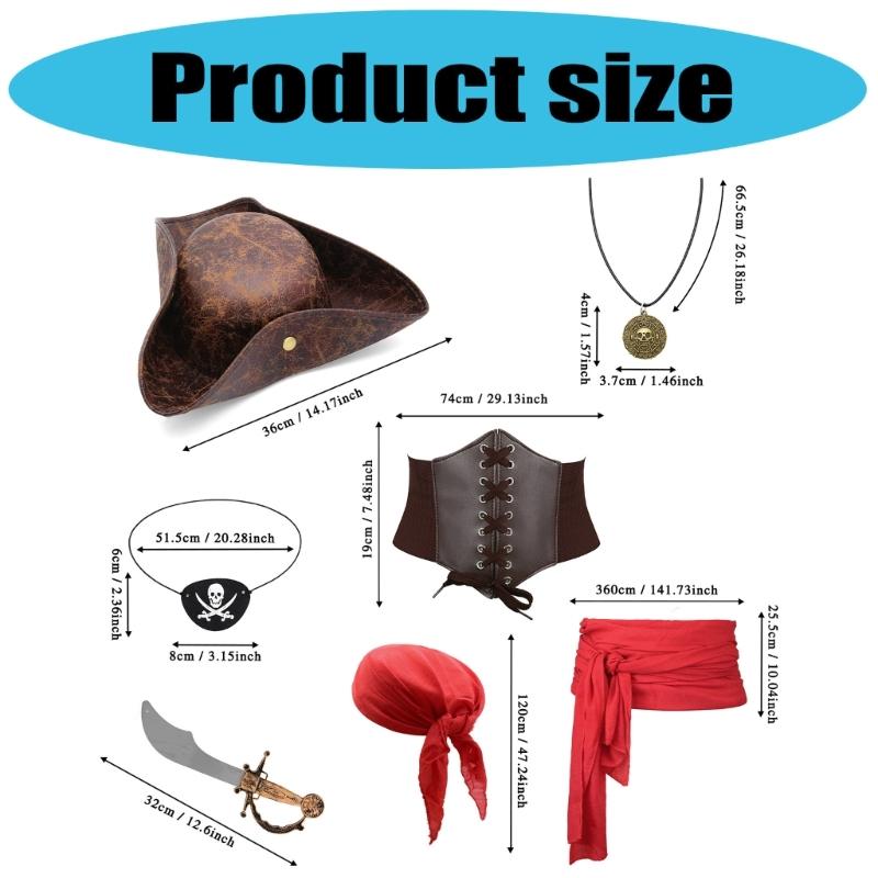 Карибский пиратский костюм Аксессуары 7 шт. Набор шляпы и платка Практичный полиэстер Для тематических вечеринок