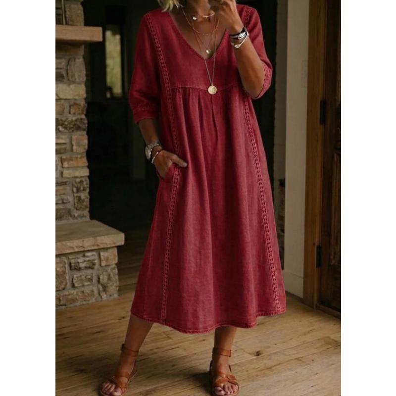 Women's Summer Casual Cotton Linen Dress V Neck Half Sleeve Loose Lace Trim Patchwork Midi Dress with Pockets
