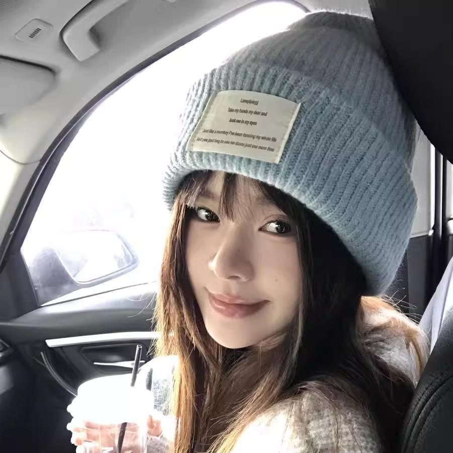 Including wool blue knitted wool hat children's autumn and winter versatile warm big head circumference ear protection bag head cold hat