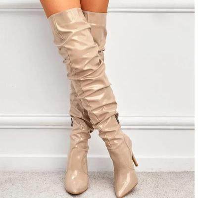 Сапоги выше колена женские модные с острым носком черные с боковой молнией тонкие высокие каблуки женские блестящие плиссированные высокие каблуки Botas 2024
