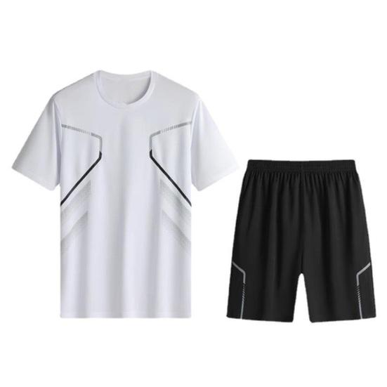 Комплект из 2 предметов: мужской спортивный костюм, круглый вырез, короткий рукав, футболка, эластичный пояс, шорты, быстросохнущая спортивная одежда