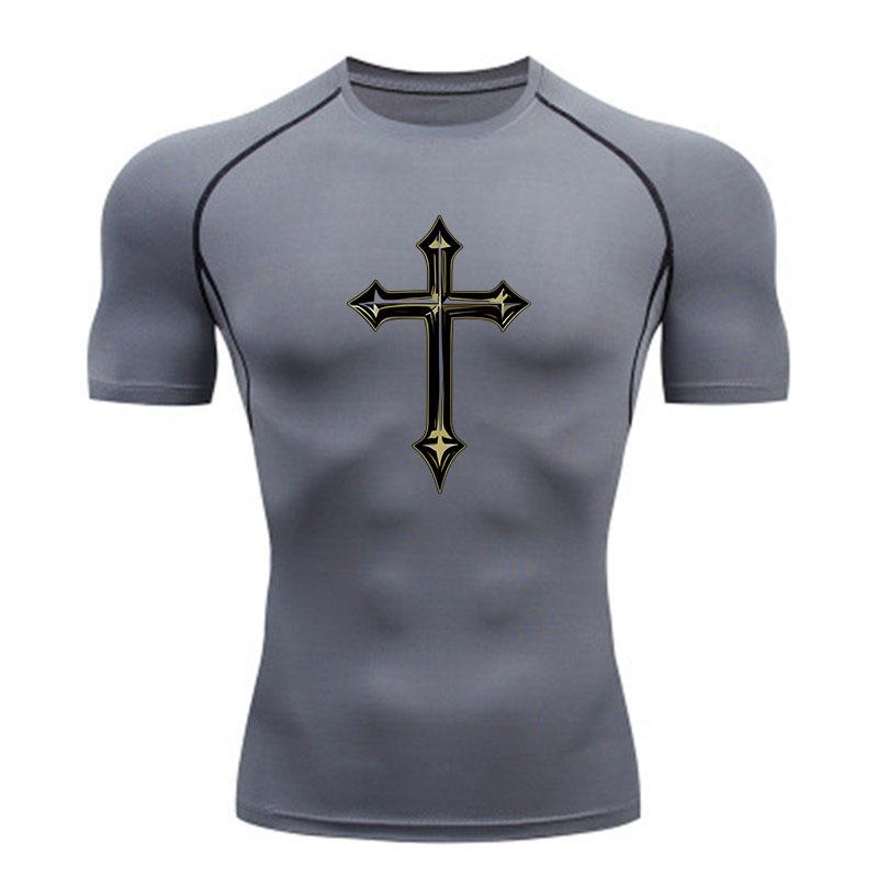 Men's Compression Athletic T-Shirt, Gothic Cross Print Quick