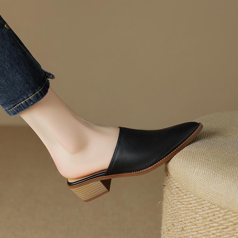Summer Women Slippers Genuine Leather Shoes for Women Cover Toe Chunky Heel Mules Slingback Women Sandals Elegent Handmade Shoes
